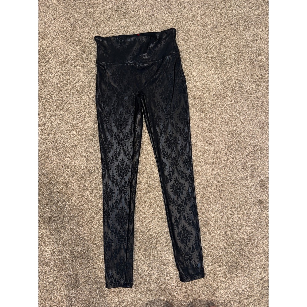 Spanx Faux Leather Damask Leggings Black High Waisted Floral S/P Small Petite